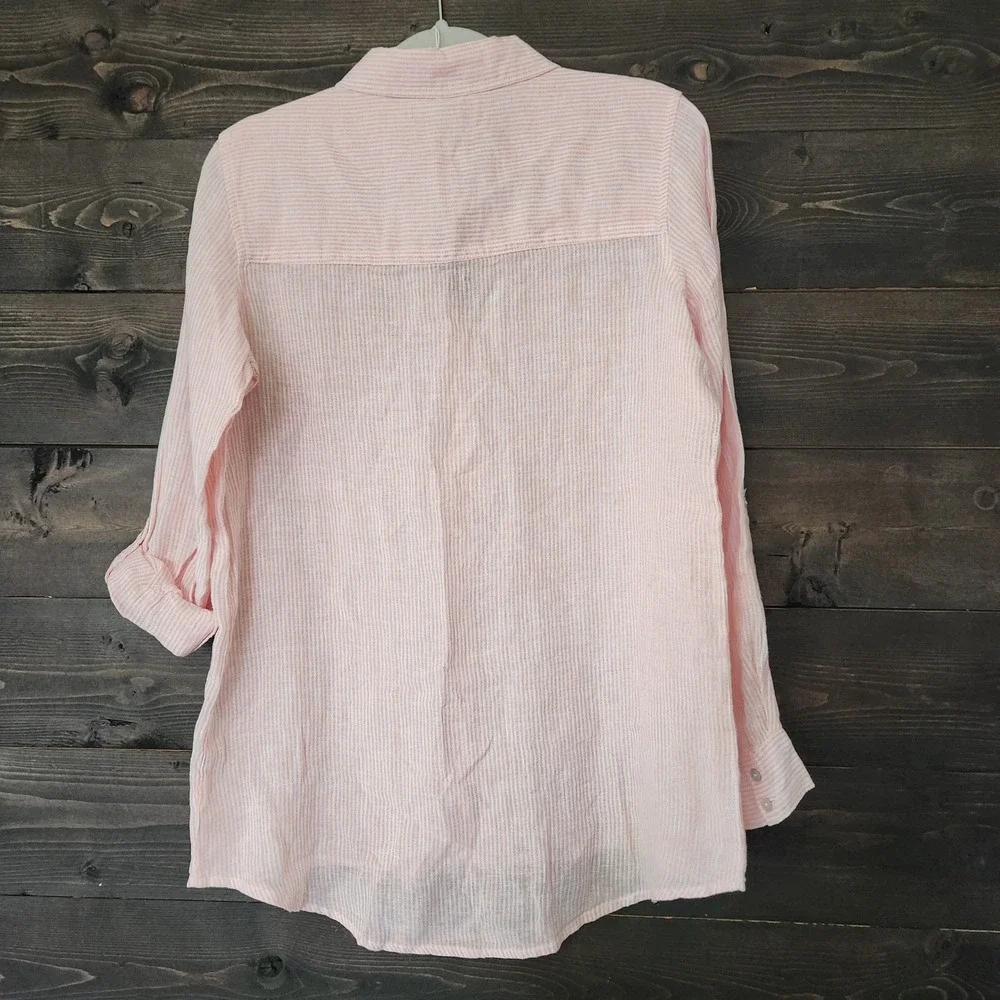 Martha Stewart 100% Linen Button-Front Tunic Top Pinstripe Pink White Small NWT